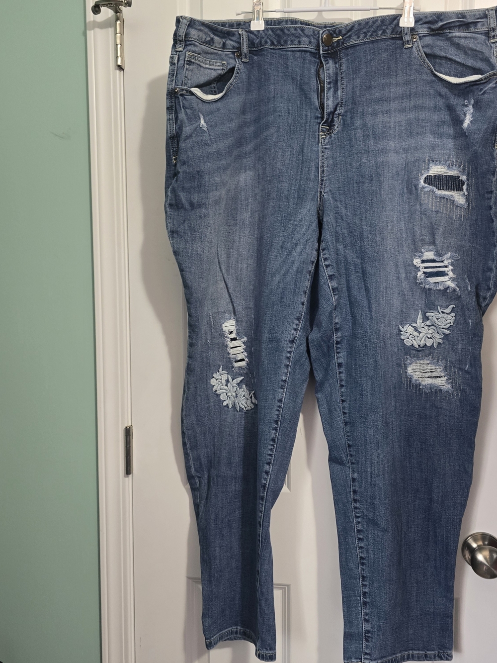 Lane Bryant Blue Distressed Skinny Jeans with Embroidery